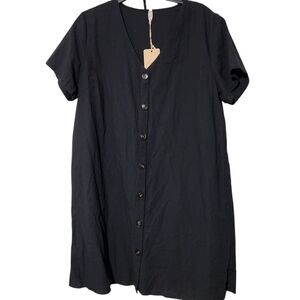 Jardin By Macris Linen Blend Dress Size XL Black Short Sleeve Front Buttons